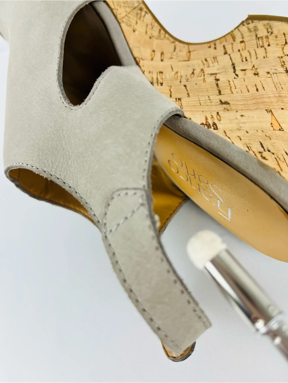 Franco Sarto Gabriel Peep Toe Suede Leather Wedge Sandal Taupe Gray Tan Size 8.5